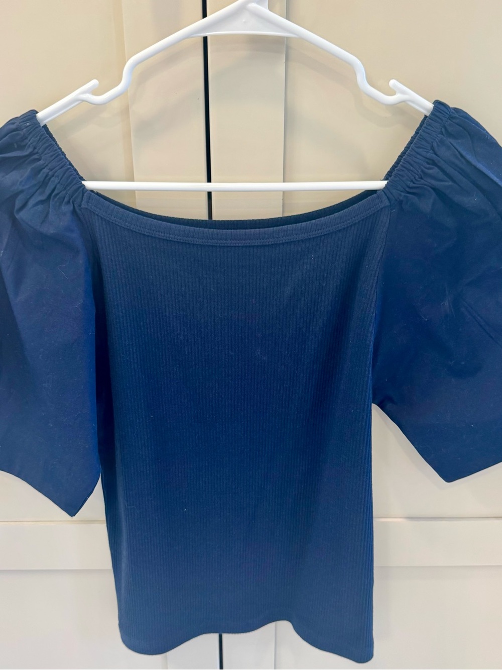 J. Crew Navy Ribbed Puff Sleeve Top